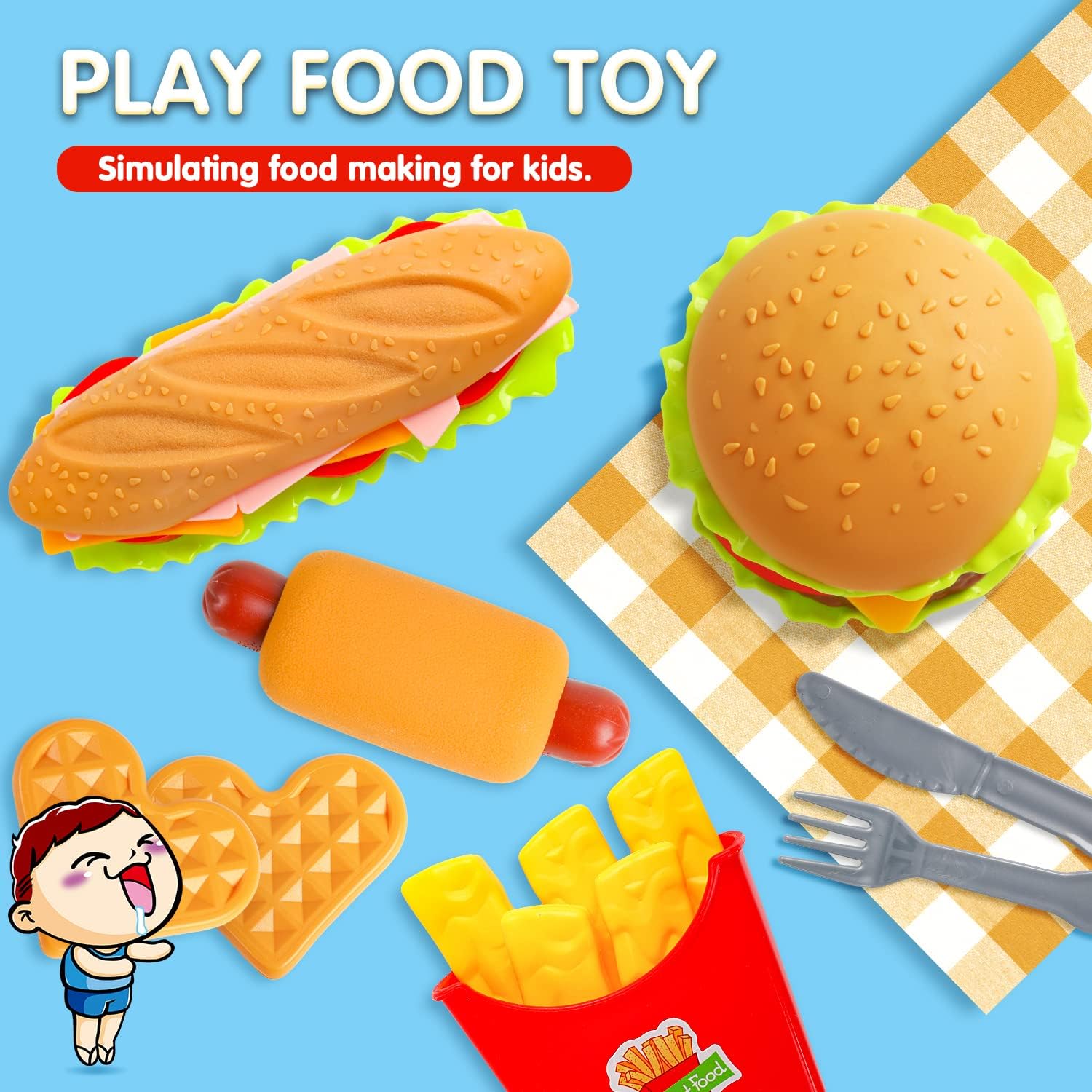 FINGOOO Juego de comida de simulación, hamburguesas fritas, pizza, palomitas de maíz, juguetes de rol, regalo educativo para niños y niñas