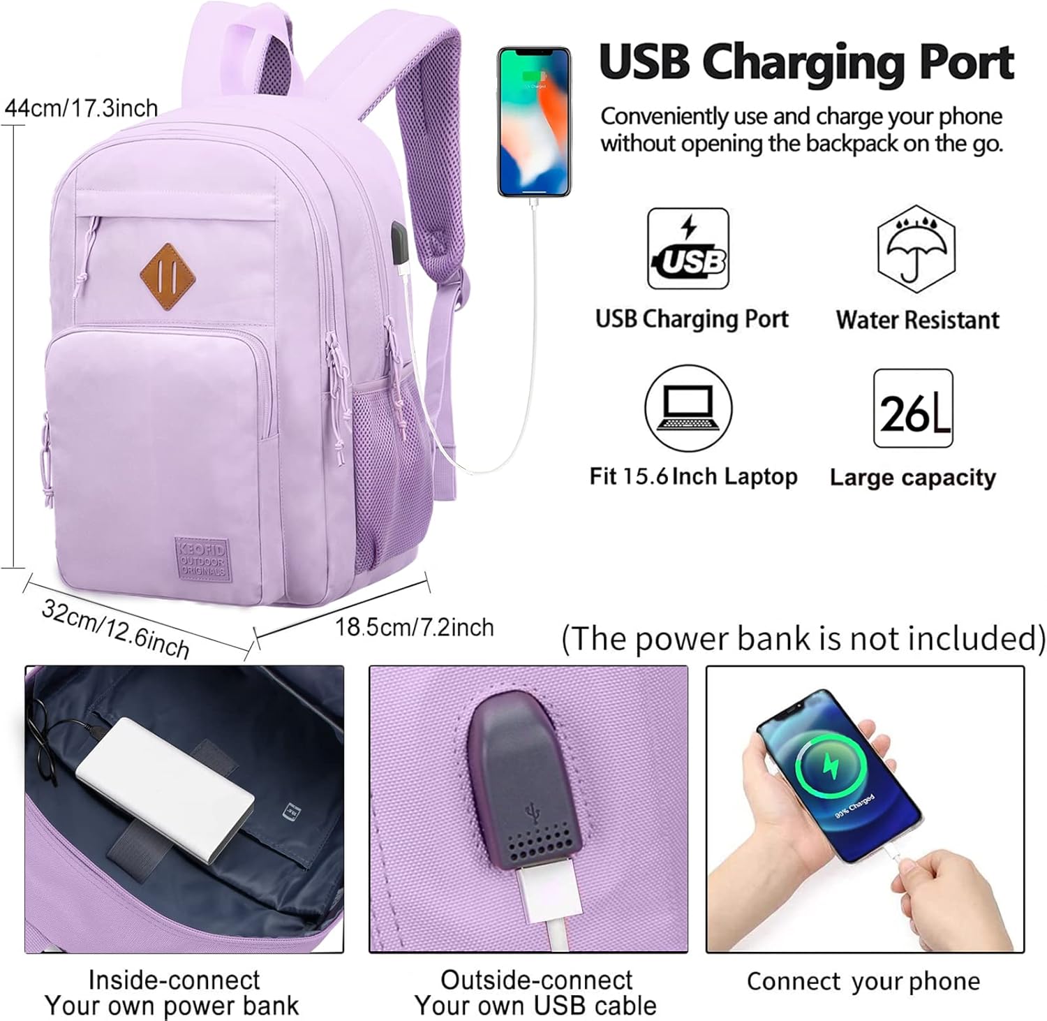 Mochila de viaje clásica de mano para hombres y mujeres, mochila antirrobo para computadora portátil con puerto de carga USB, Púrpura, Mochilas de