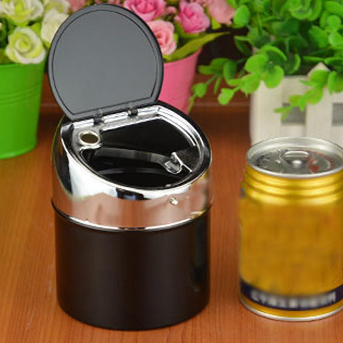 Ceniceros de acero de metal sin humo para cigarrillos con tapa de empuje de acero inoxidable cubierta, cubo portátil a prueba de viento para mesa