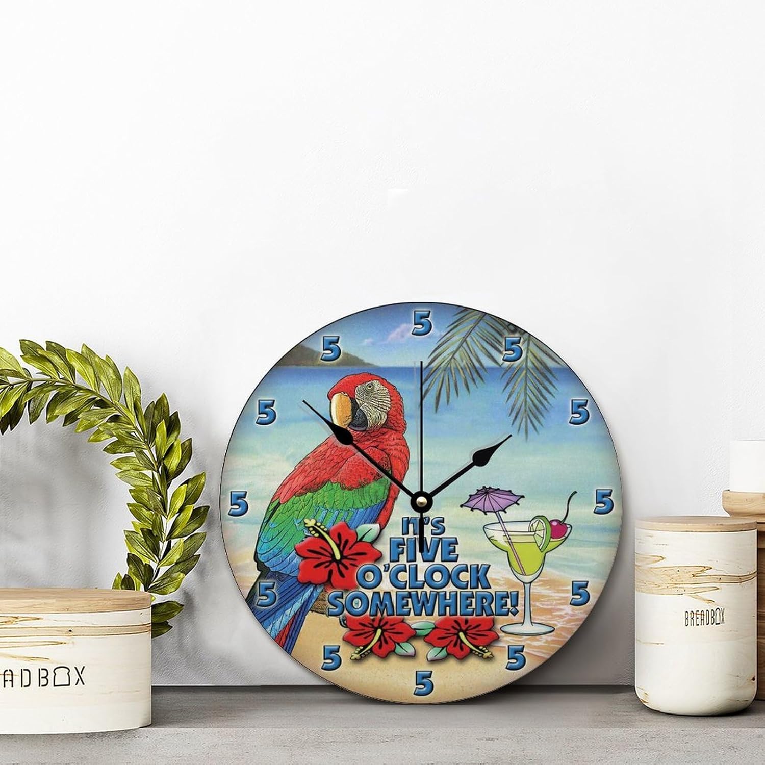 ArogGeld Reloj de pared Parrot Beach de 5 en algún lugar, reloj de pared de madera grande que funciona con pilas, 12 pulgadas, silencioso, sin