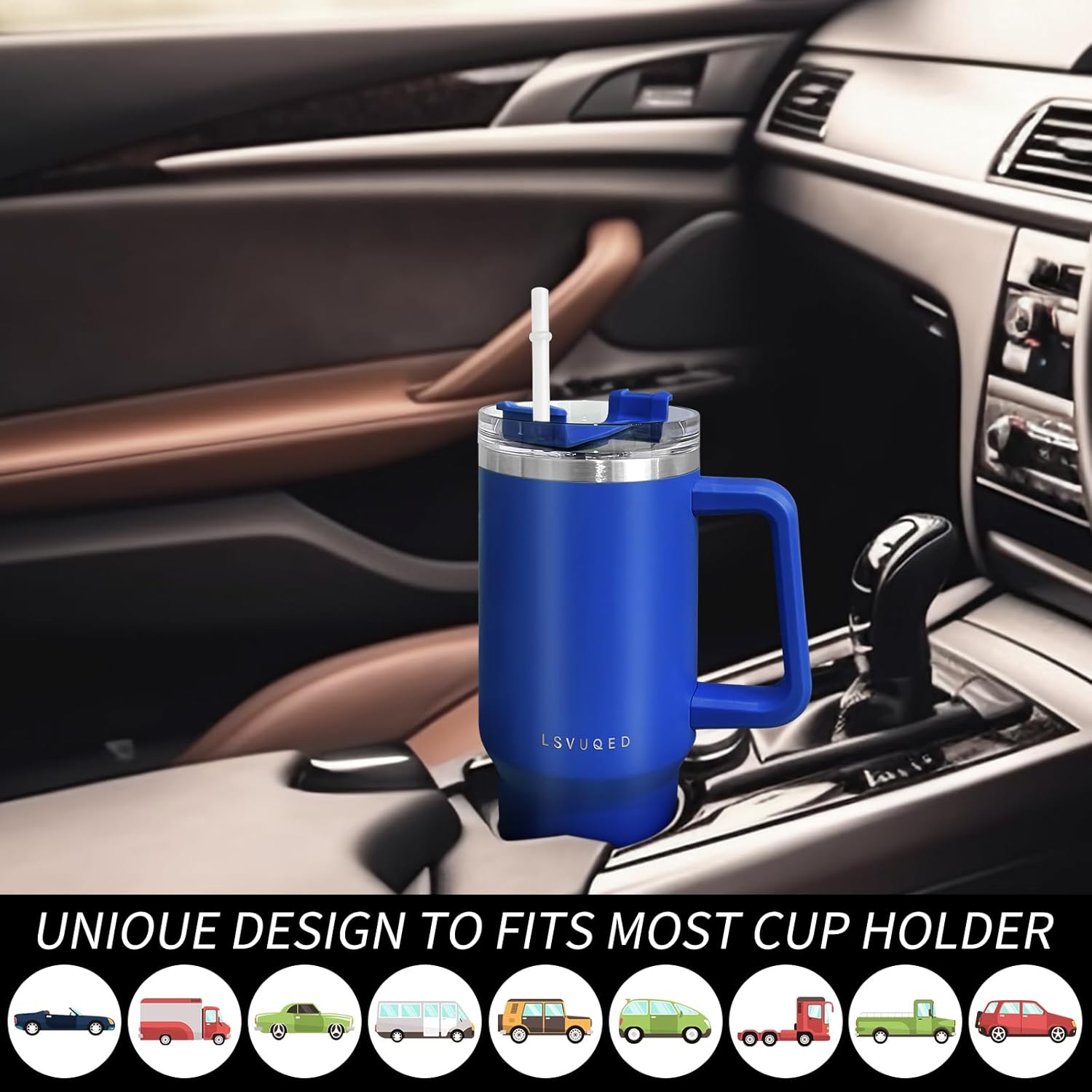 LSVUQED Vasos de 40 onzas con asa y tapa con popote, aislamiento reutilizable, de acero inoxidable, taza de viaje que mantiene las bebidas aisladas