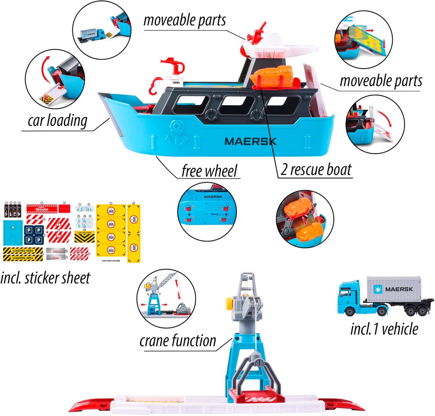 Majorette – Creatix Toy Port with Container Ship – Maersk Logistics Port Station (45 x 29 x 24 cm) with Cargo Ship, Moving Crane and Man Truck with