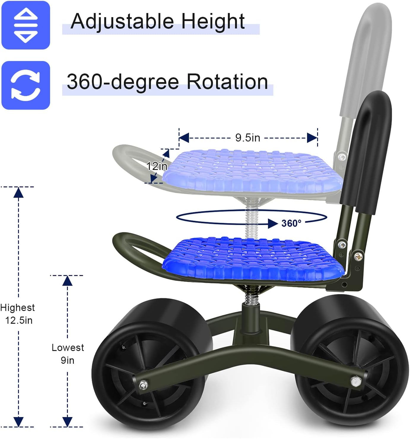 i COVER Taburete rodante de jardín con 2 ruedas y bolsa de herramientas, carrito estable y resistente, altura ajustable del asiento y dirección para