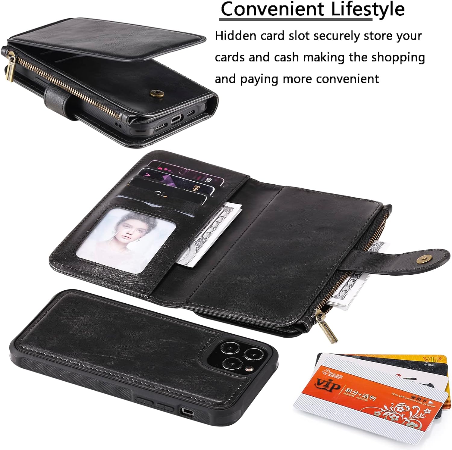 Asuwish Funda de teléfono para iPhone 12 Pro Max 6.7 con cremallera, protector de pantalla de vidrio templado y tarjetero abatible, accesorios para