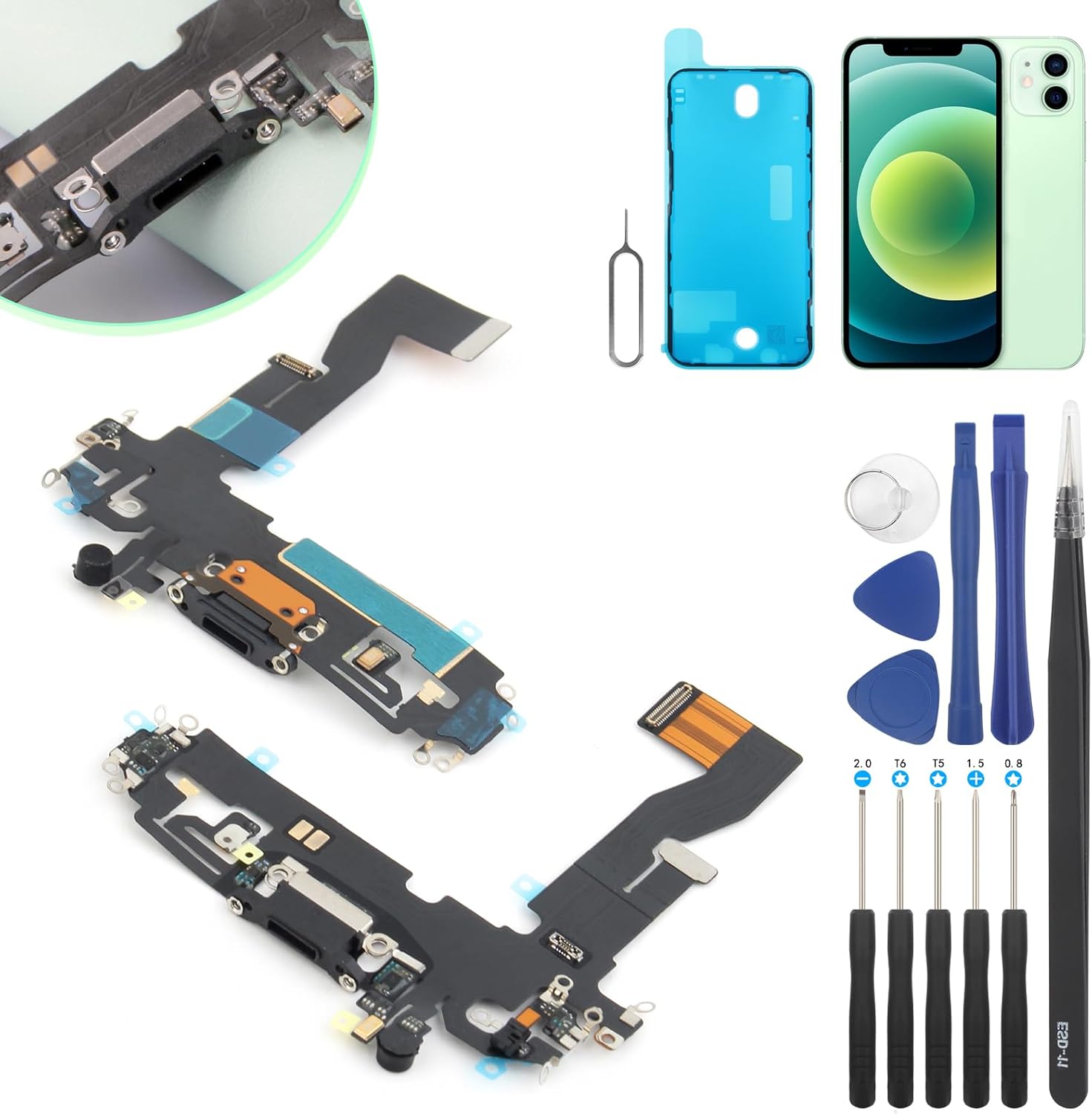 Ocolor Conector de muelle para iPhone 12 Pro Puerto de carga de repuesto para iPhone 12 USB Cargador Junta Flex Cable Piezas con Herramientas