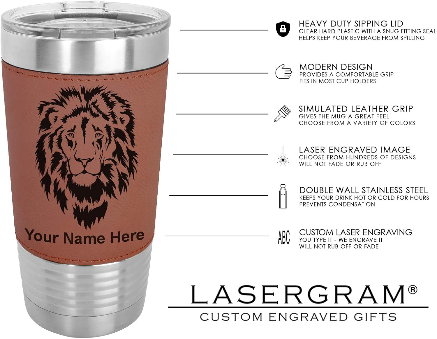 LaserGram Vaso aislado al vacío de 20 onzas, bandera de México, grabado personalizado incluido (piel sintética, marrón oscuro)
