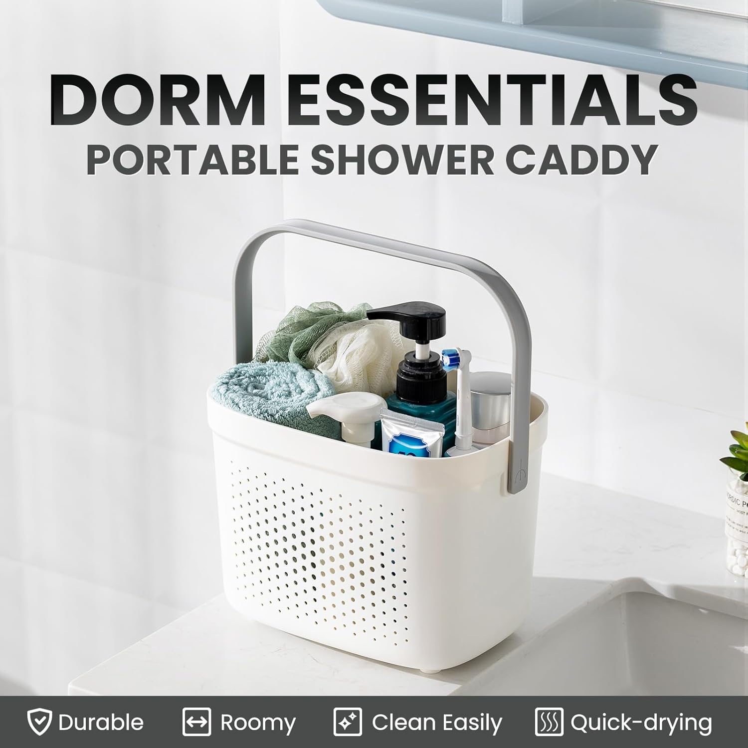 TAILI Cestas de almacenamiento de plástico con asas, organizador de estante de ducha, cesta de ducha portátil para baño, cocina, dormitorio, gris