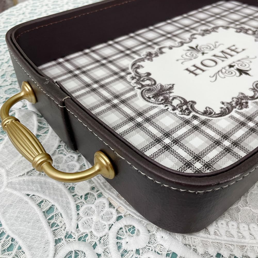 Elegante bandeja de cuero con asas, bandeja decorativa a cuadros en blanco y negro para desayuno, almuerzo, cena, aperitivos, patio, otomana, mesa