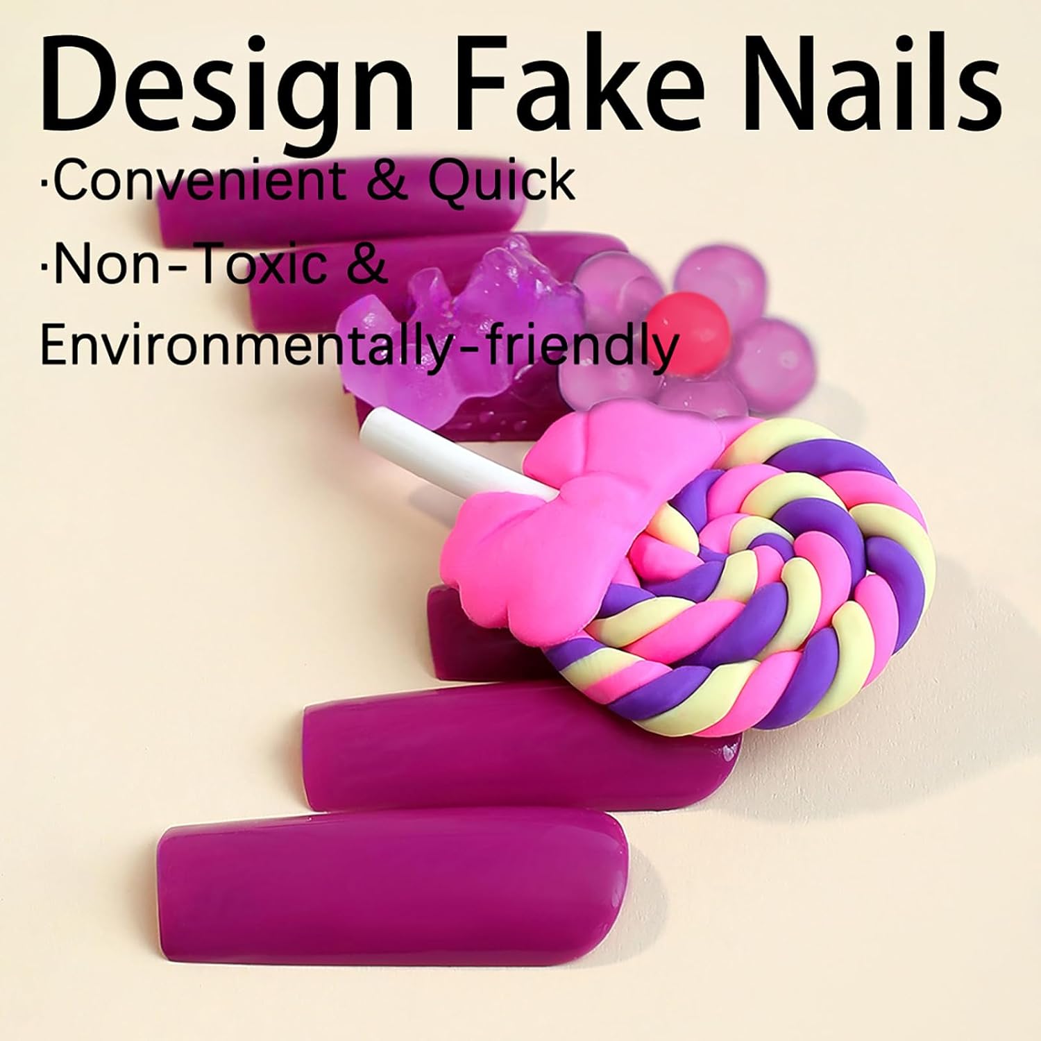 Uñas postizas a presión Kawaii moradas, uñas postizas largas cuadradas, lindas uñas postizas a presión con flores de caramelo, diseño de oso, uñas