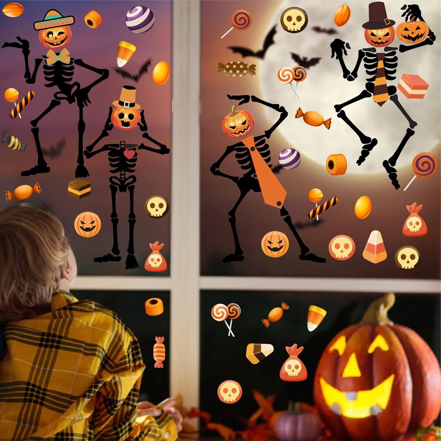 Calcomanía de pared de esqueleto de Halloween, calcomanías de pared de caramelo de calabaza, calcomanías de vinilo para ventana de Halloween,