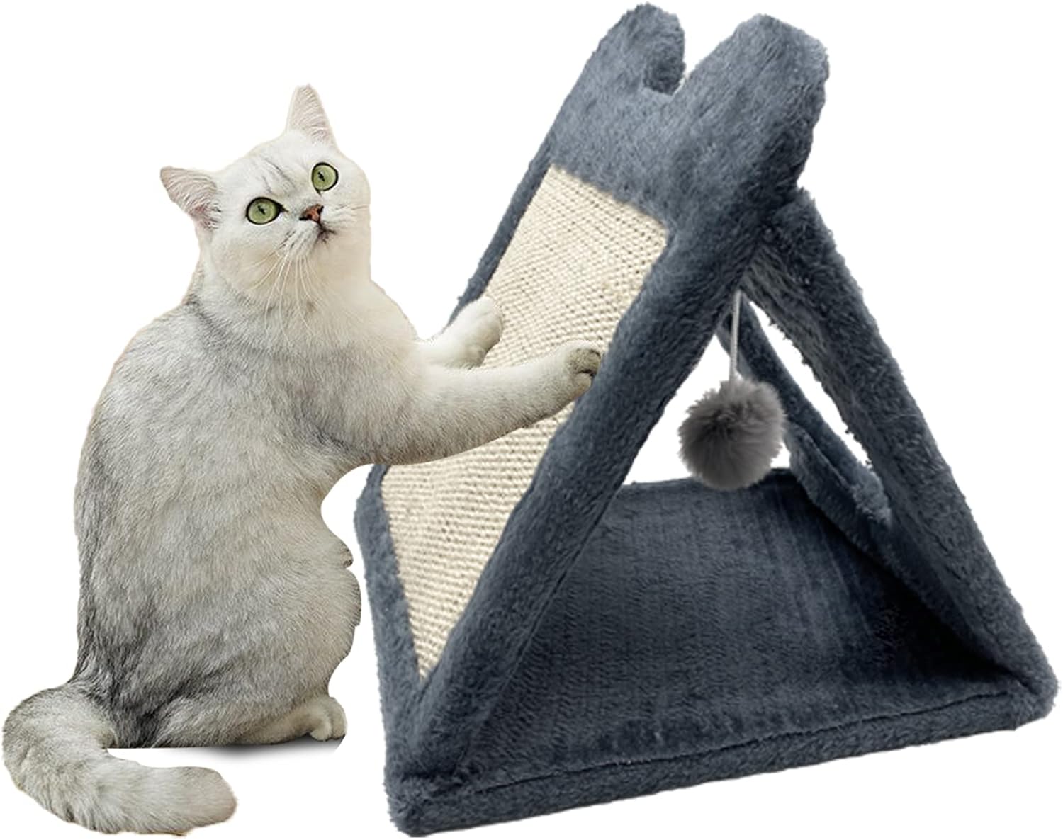 Fhiny Poste rascador triangular para gatos, sisal natural para gatos con bola de felpa colgante, nido de cueva para mascotas, centro de actividades
