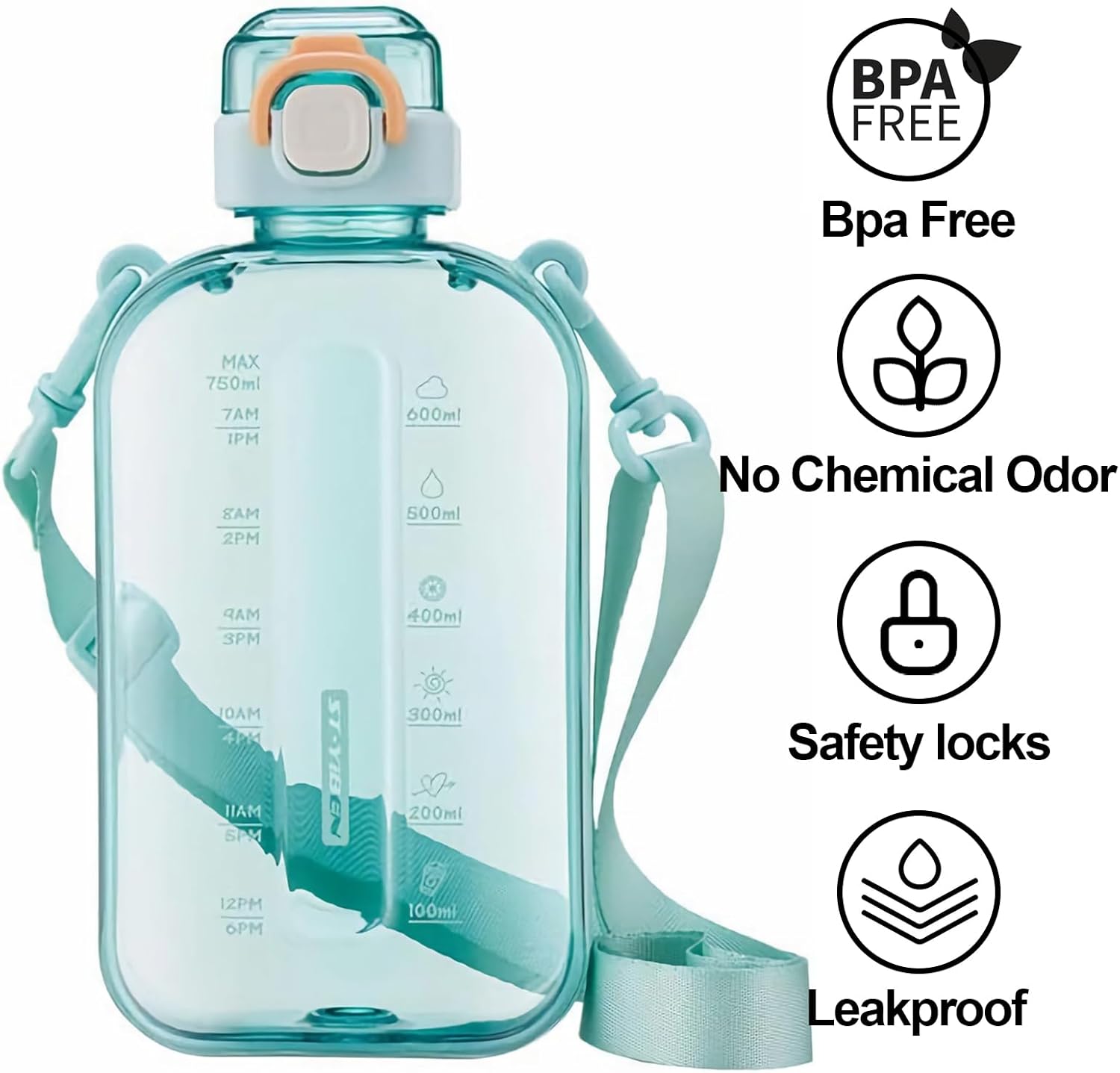 Botella de agua plana de 25 onzas, botella de agua cuadrada portátil sin BPA, a prueba de fugas, botellas de agua delgadas para bolso, viajes,