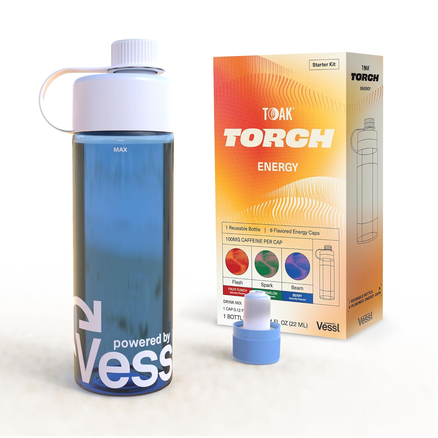 Kit de iniciación de energía de antorcha mezcla de bebida energética sin azúcar, mezcla de bebida con cafeína, botella reutilizable, seis tapas, 3