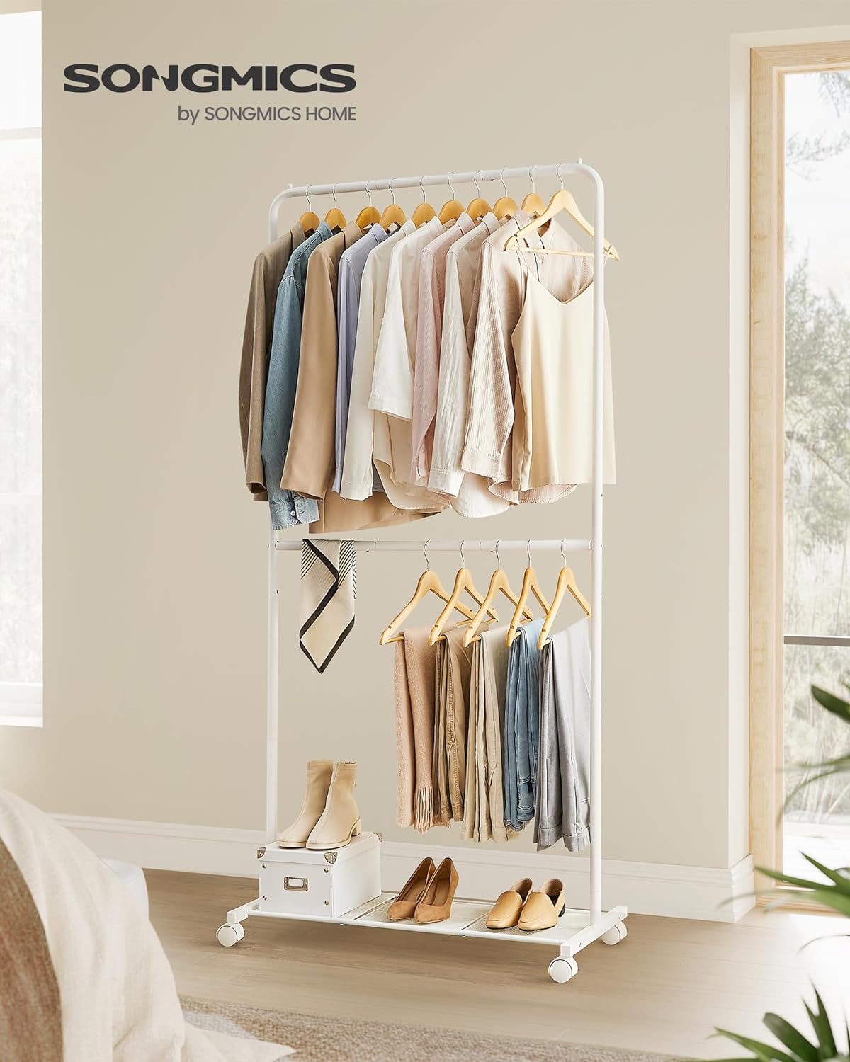 SONGMICS Perchero con ruedas, 35.8 pulgadas de doble barra, perchero para colgar ropa, con estante de almacenamiento de malla densa, capacidad de