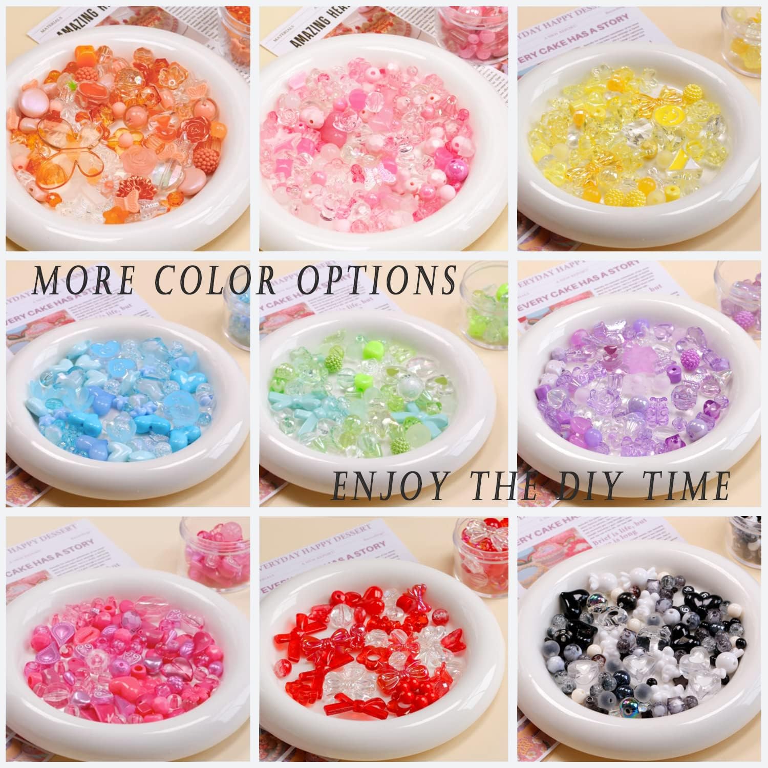 Cuentas estéticas de acrílico surtidas de 5.29 oz (170  230 unidades) para hacer joyas, cuentas redondas kawaii, corazón, estrella, mariposa, lazo,