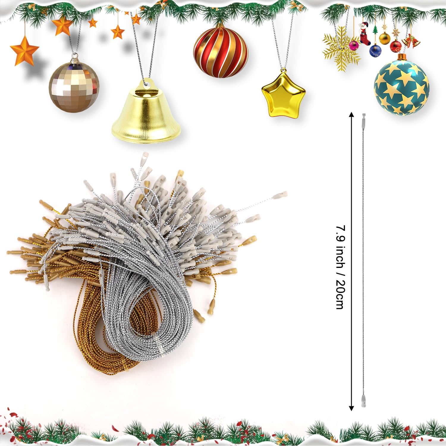 200 cuerdas para colgar adornos navideños, cuerdas a presión para adornos de árbol de Navidad, ganchos para colgar en el árbol de Navidad,