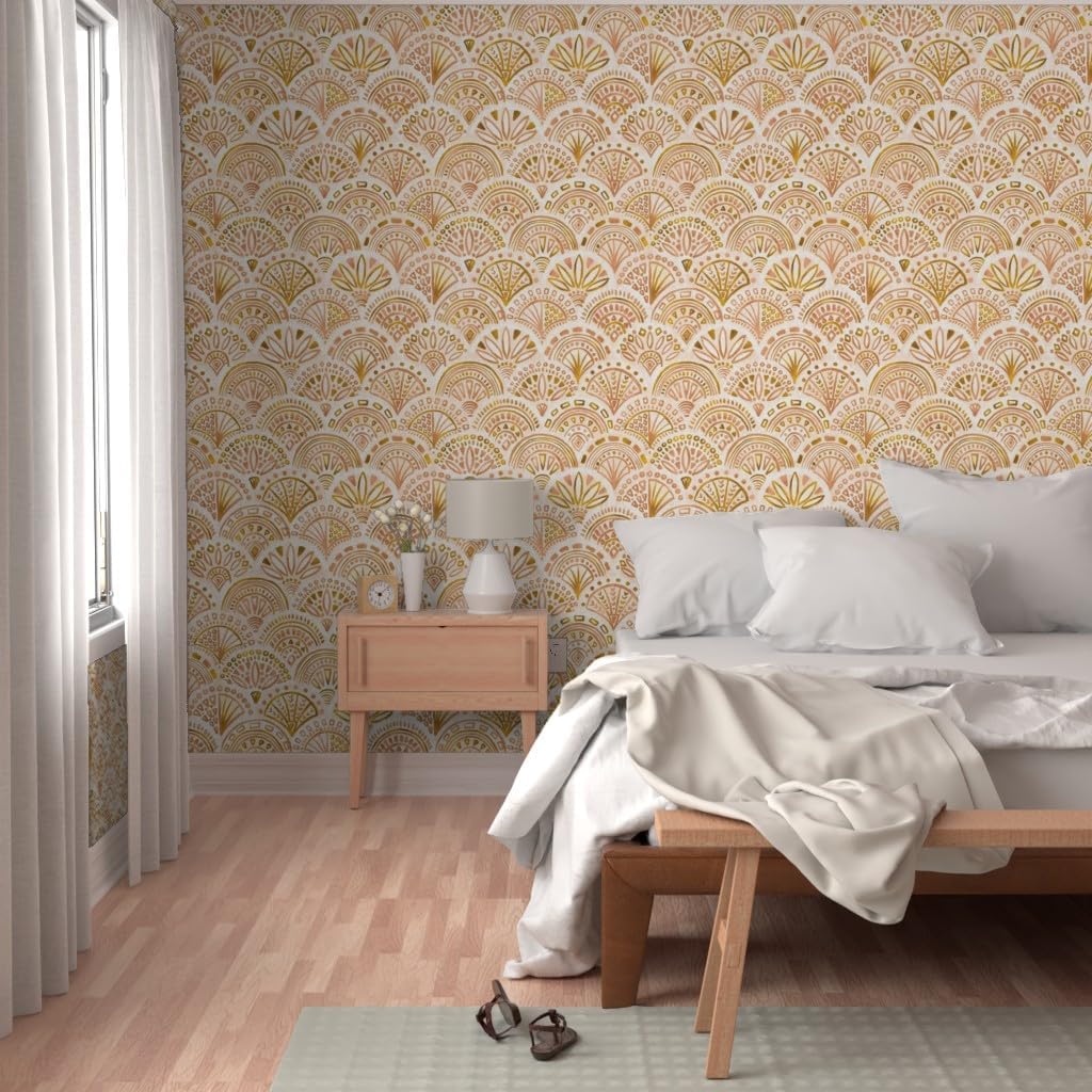 Spoonflower Peel & Stick Wallpaper Swatch – Seashell Geometry Gold Circles Geometric Dots Triangles Neutral Custom Removable Wallpaper