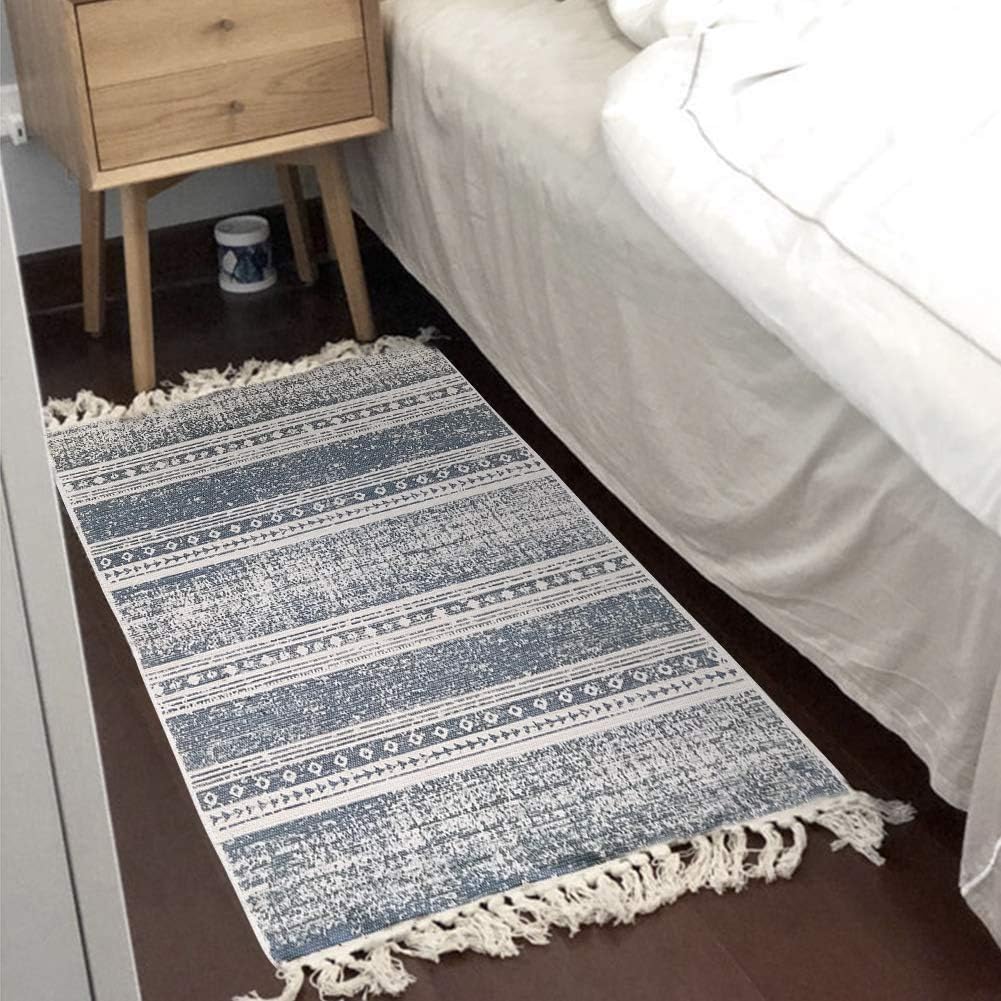 ABREEZE Alfombra de algodón, 2 x 3 pies, tejida a mano con borlas y flecos, alfombra para puerta, alfombra de área interior para baño, dormitorio,