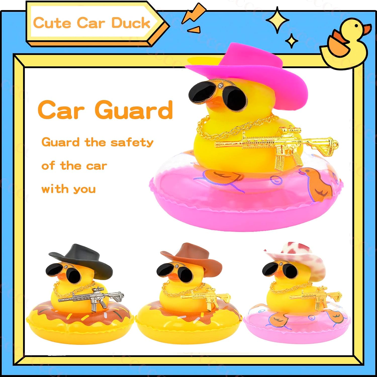 Decoración de pato de goma para automóvil, mini patos de goma con mini sombrero de vaquero, collar de tubo de natación y lentes de sol, accesorios