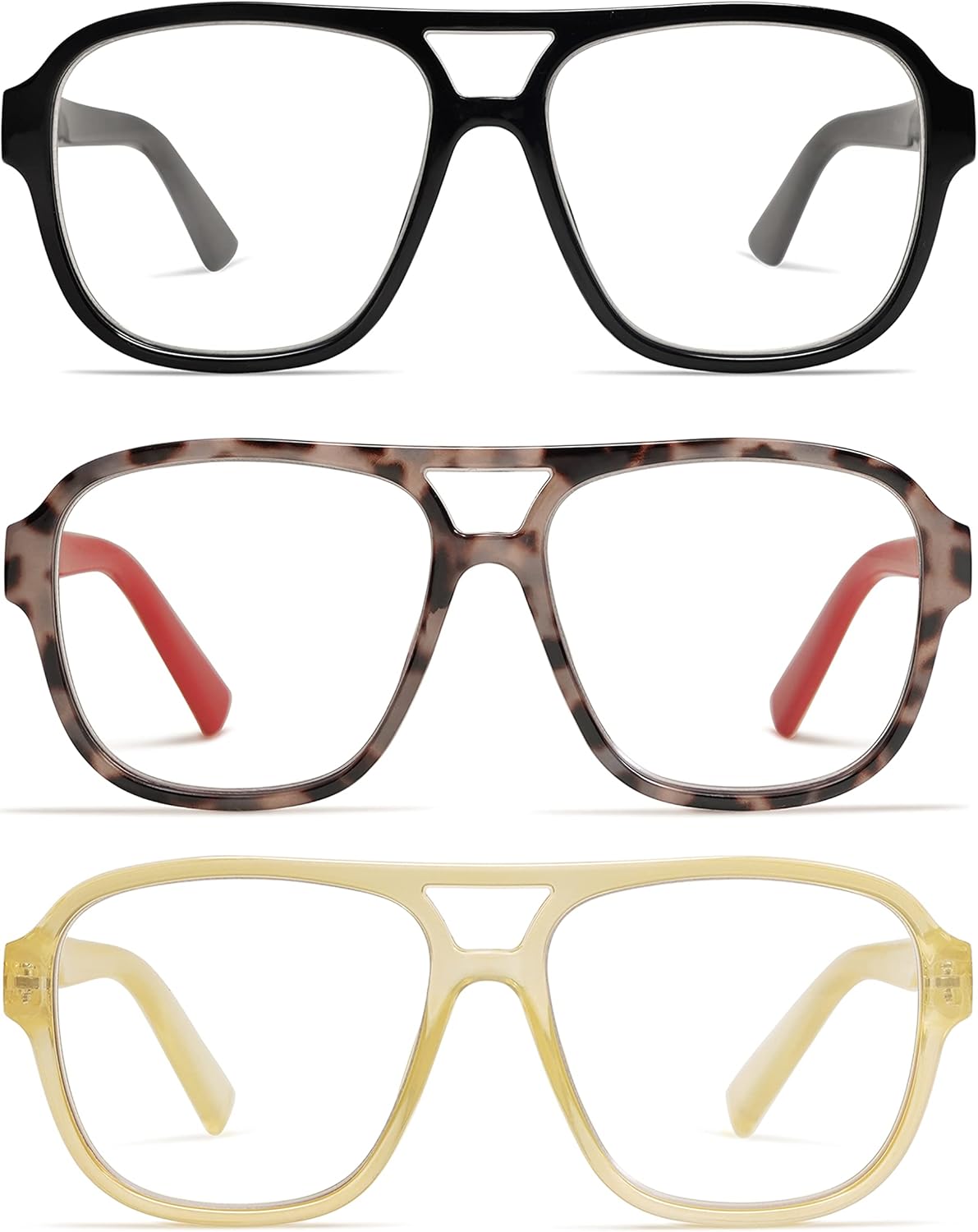 AMOMOMA Paquete de 3 lentes de lectura de gran tamaño con bisagra de resorte de aviador para mujeres y hombres, marco retro para lector de