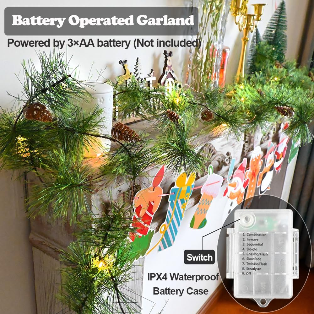 Guirnalda de Navidad con 30 luces LED de 6.56 pies, funciona con pilas, guirnaldas de pino ahumado con conos de pino, guirnalda de vegetación