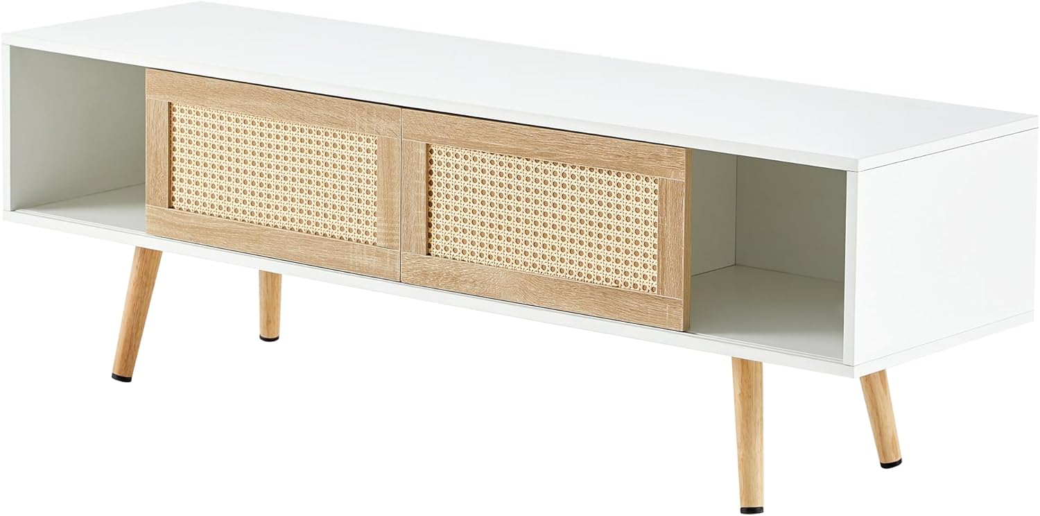 Soporte de TV de madera para TV de más de 65 pulgadas, soporte de televisión bohemio con puertas correderas de ratán natural y estantes ajustables,