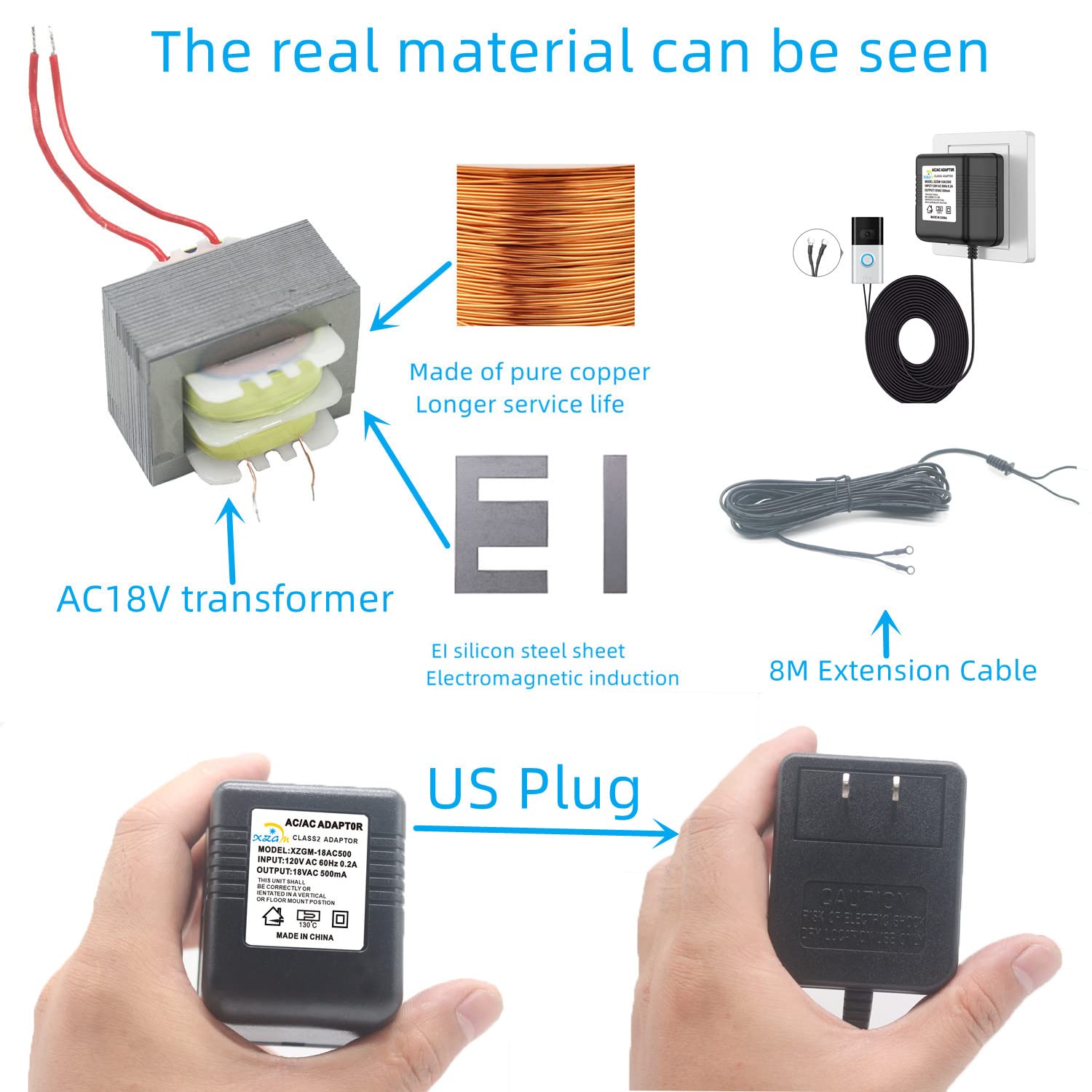 Timbre de video negro, transformador de potencia especial, adaptador de corriente para timbre de puerta de 18V500MA, compatible con Ring, Nest,