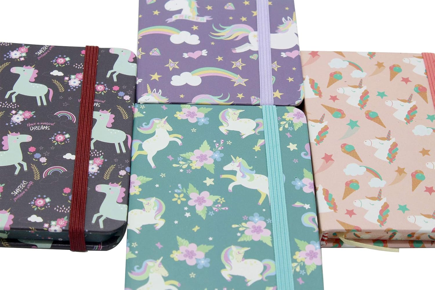 4 cuadernos de unicornio de 3 x 4 pulgadas, mini diario de bolsillo interior, bloc de notas de escritura lindo con cierre elástico a rayas para