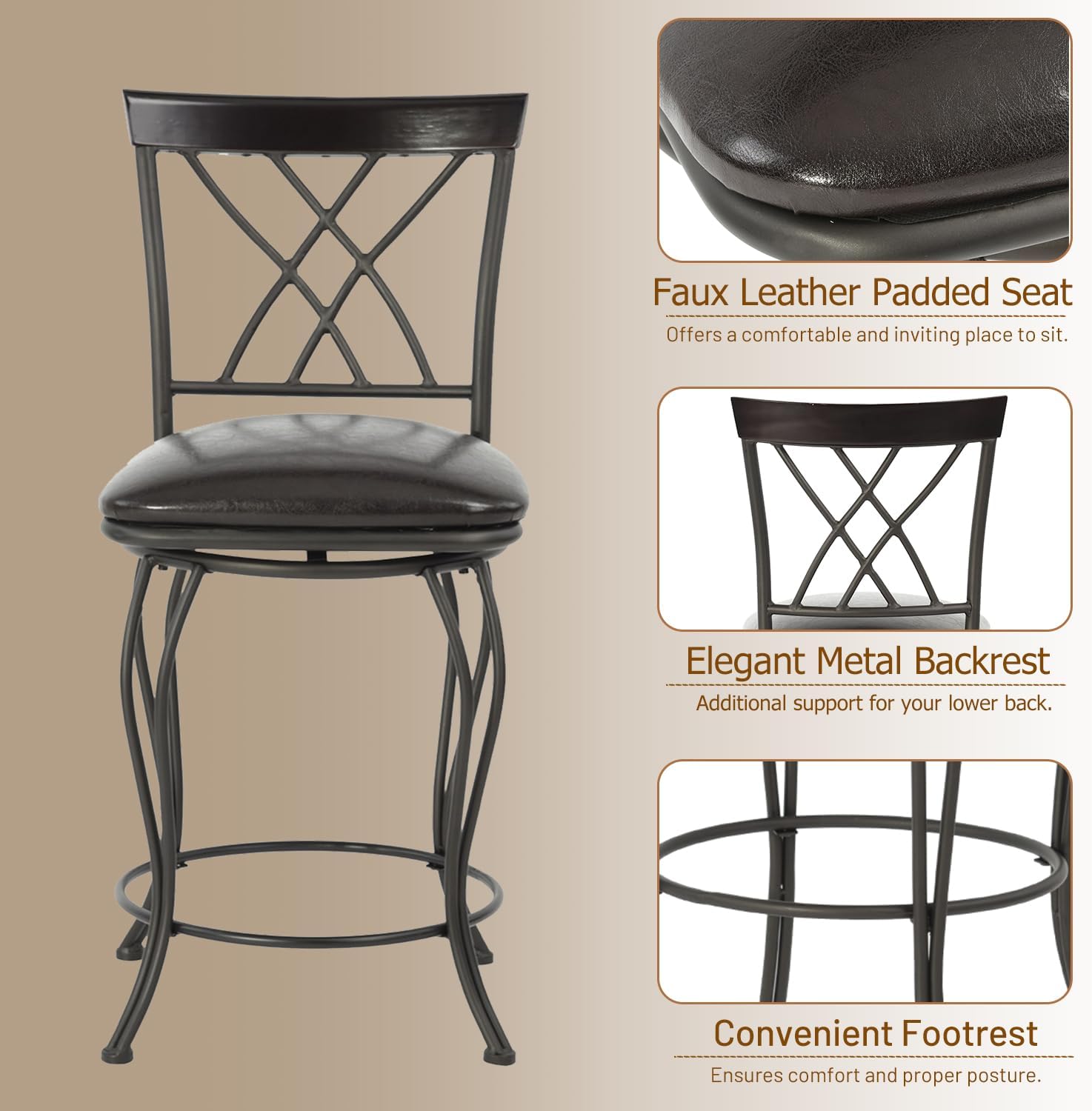 FurnitureR Juego de 2 taburetes de bar clásicos, elegantes taburetes de bar giratorios con respaldo de metal y reposapiés para cocina, isla, pub,