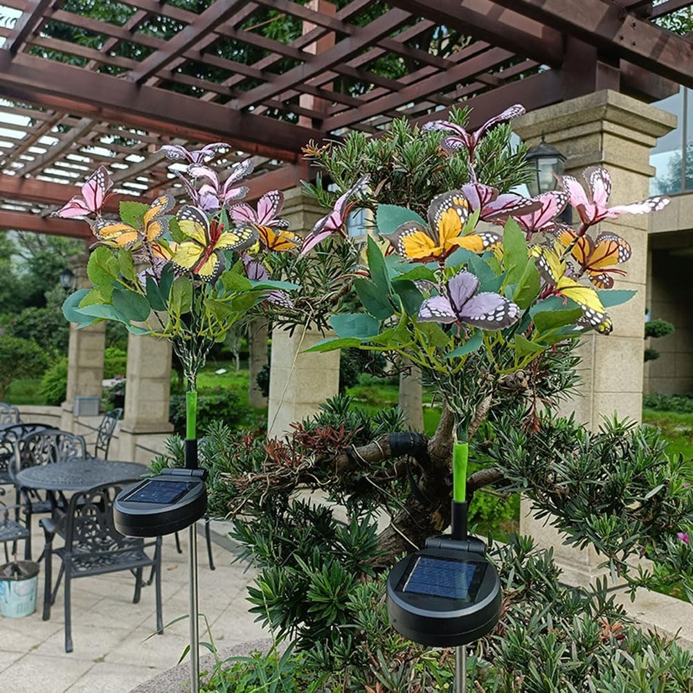 2 luces solares de mariposa para exteriores, luz de flores artificiales, decoración del hogar, lámpara de árbol de mariposa IP65, impermeable, luces