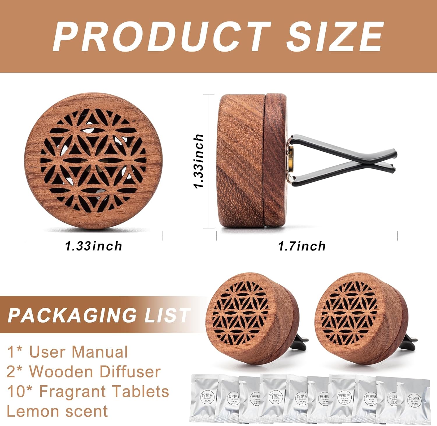 2 ambientadores de coche con 10 tabletas fragantes, difusor de madera de aromas, clips de ventilación, difusor de aceites esenciales para mujeres y