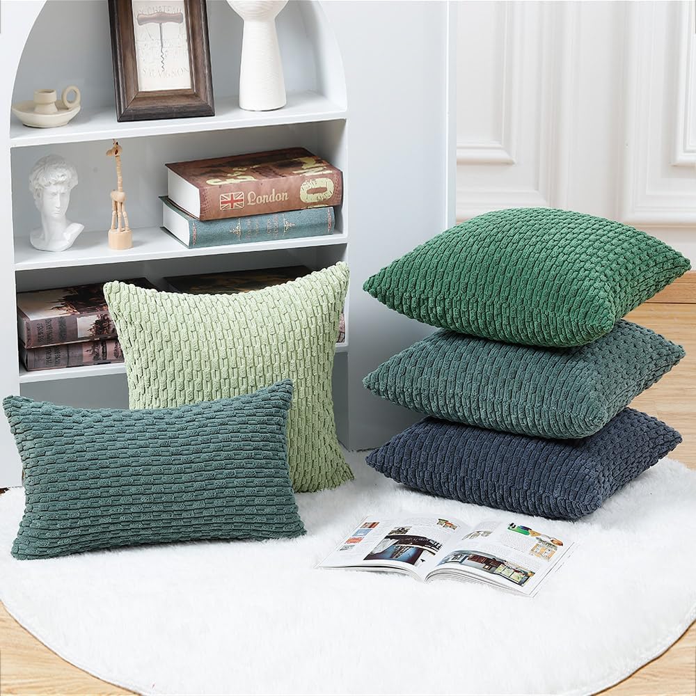MADIZZ Paquete de 2 fundas de almohada de pana a rayas bohemias de 14 x 14 pulgadas, fundas de cojín decorativas suaves de color verde oscuro para