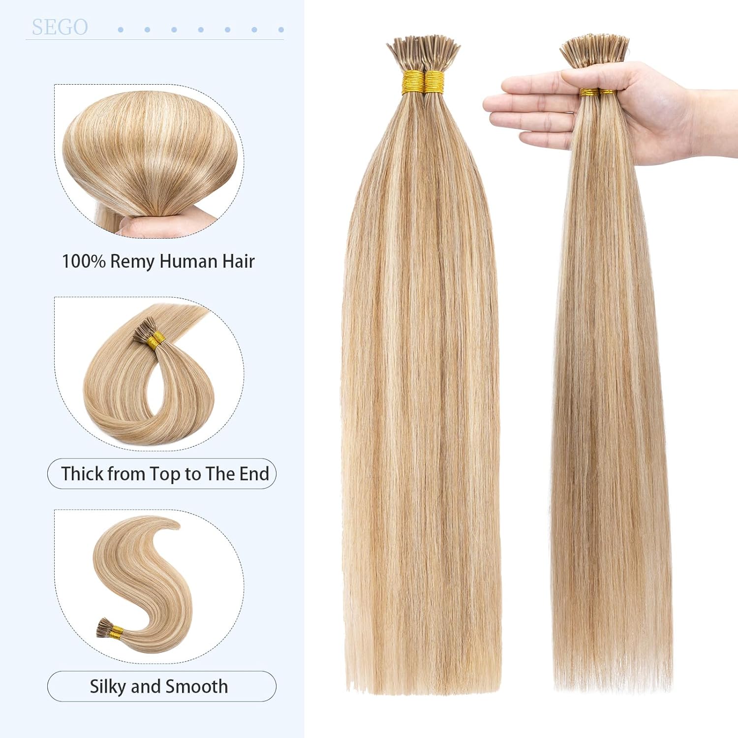 SEGO Barra de queratina preunida con punta I Remy extensión de cabello humano de fusión fría, pieza de cabello para mujeres, liso y lacio, 100