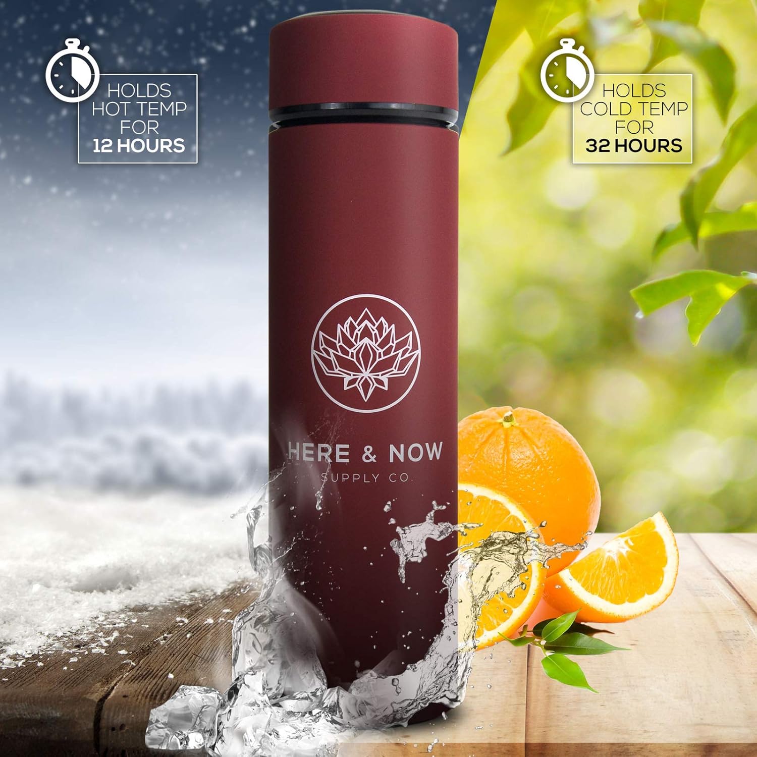 Here & Now – Botella infusora de té  Botella de agua con infusor de té  Infusor de té de acero inoxidable  Botella de té de doble pared para té