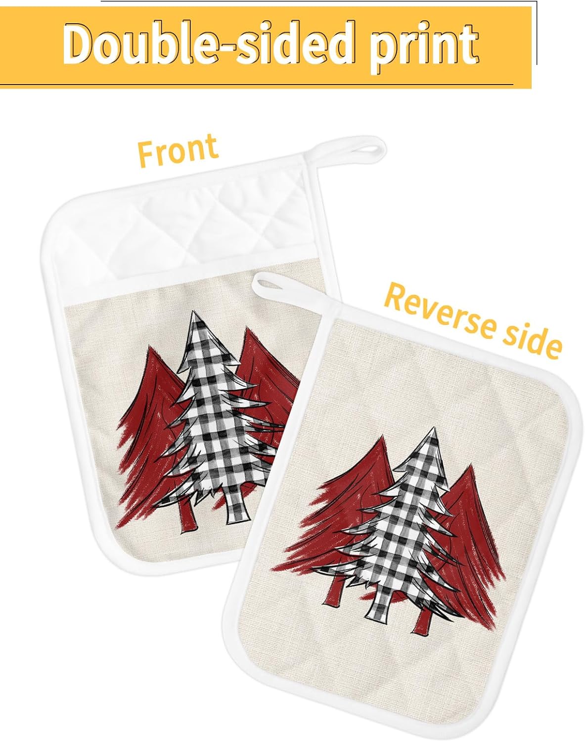 Xmas Tree Checkered 2Pcs Pot Holders for Kitchen,Non Slip & Heat Insulation Terry Cloth Potholder Set with Pocket,Thick Hot Pad Oven Mitts Trivet