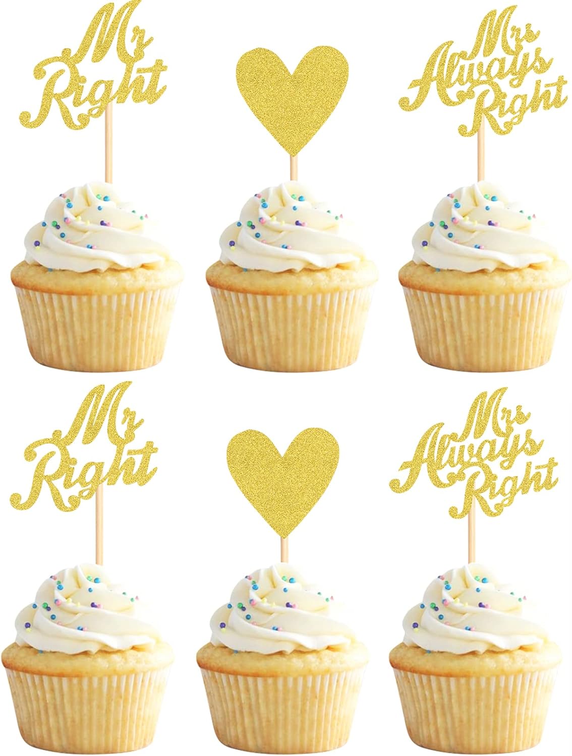 Paquete de 24 adornos para cupcakes Mr Right Mrs Always Right, diseño de corazón para despedida de soltera, bodas, compromisos, cumpleaños,