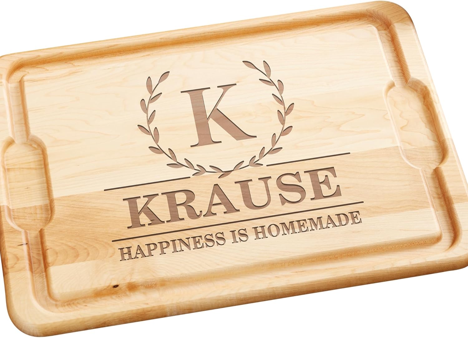 Personalization Universe Laurel Wreath Tabla de cortar de madera dura personalizada, tabla de cortar grabada con pozo de jugo y asas de agarre,