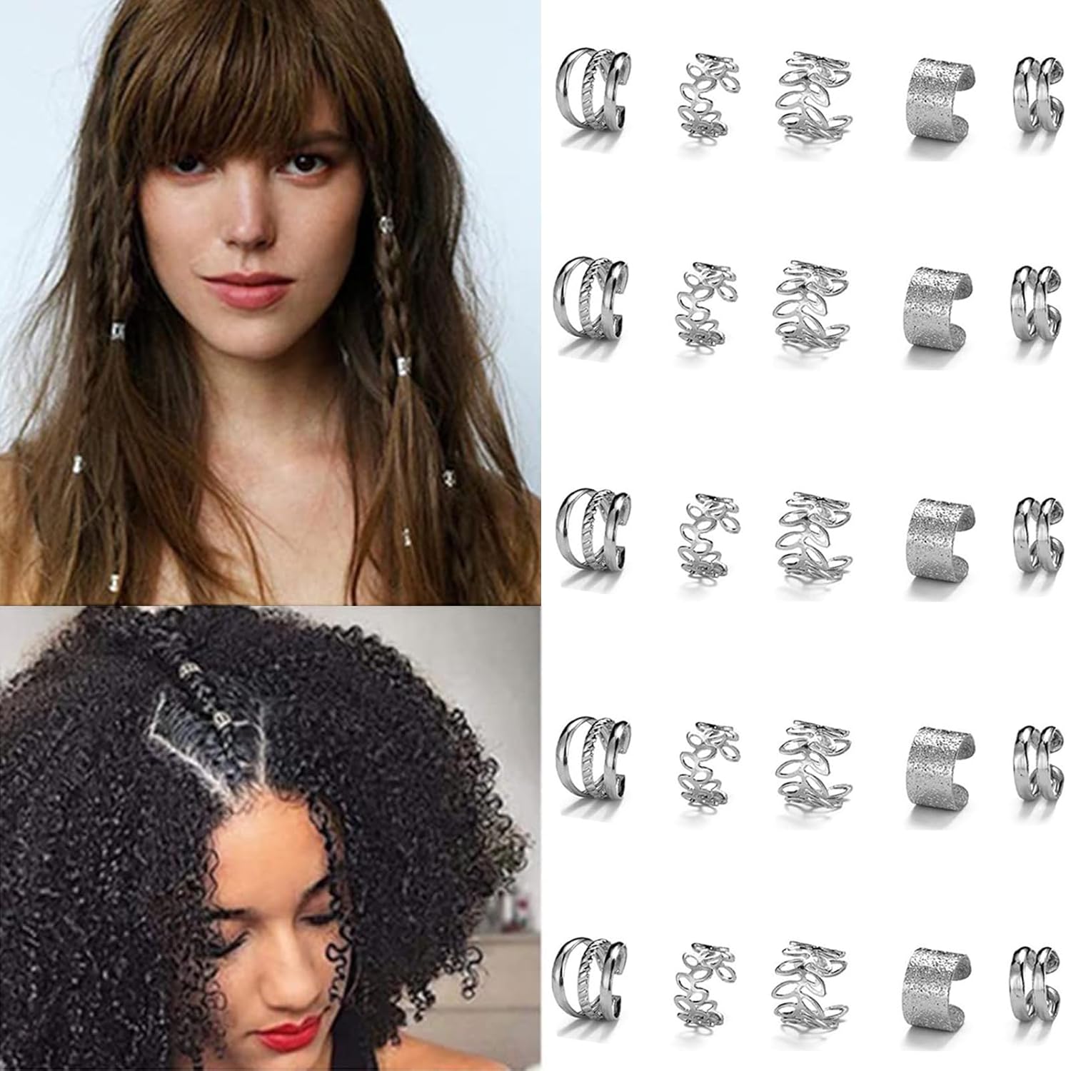 20 piezas de joyas de plata para el cabello para trenzas, diamantes de imitación de cristal, clips de trenza de metal, sin perforación, joyería para