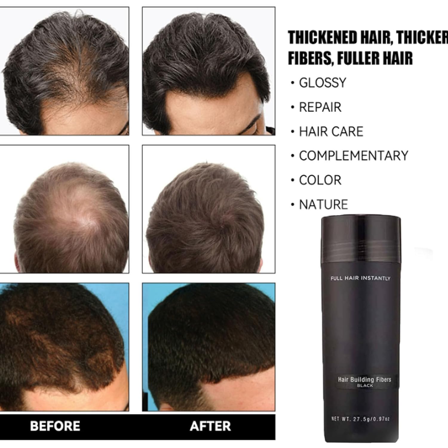 Volume + Hair Magic Building Fiber Powder, polvo de peluquería de fibra para el cabello, polvo de peluquería para adelgazar el cabello más grueso y