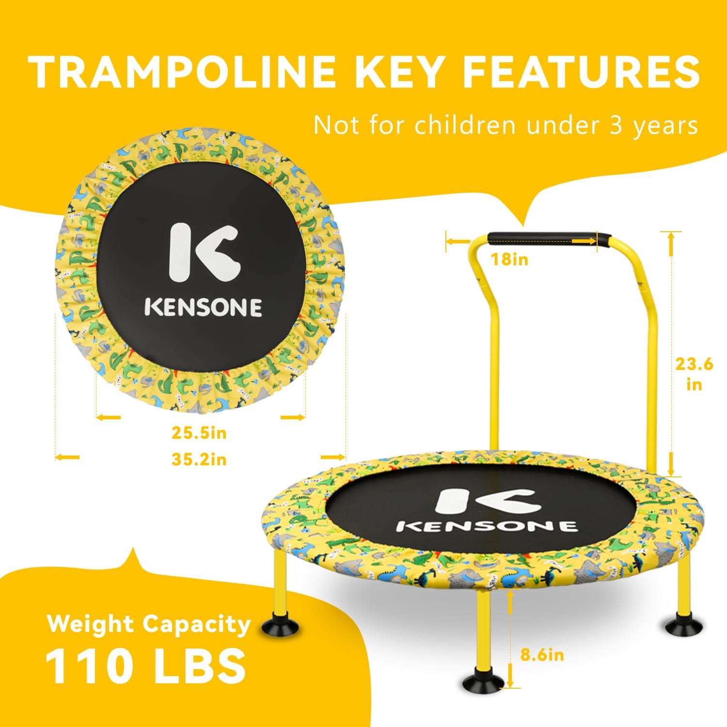 36″ Mini Trampoline for Kids, UT-Bar Indoor Small Recreational Trampoline for Toddlers with Foam Handle and Leg Suction Cups