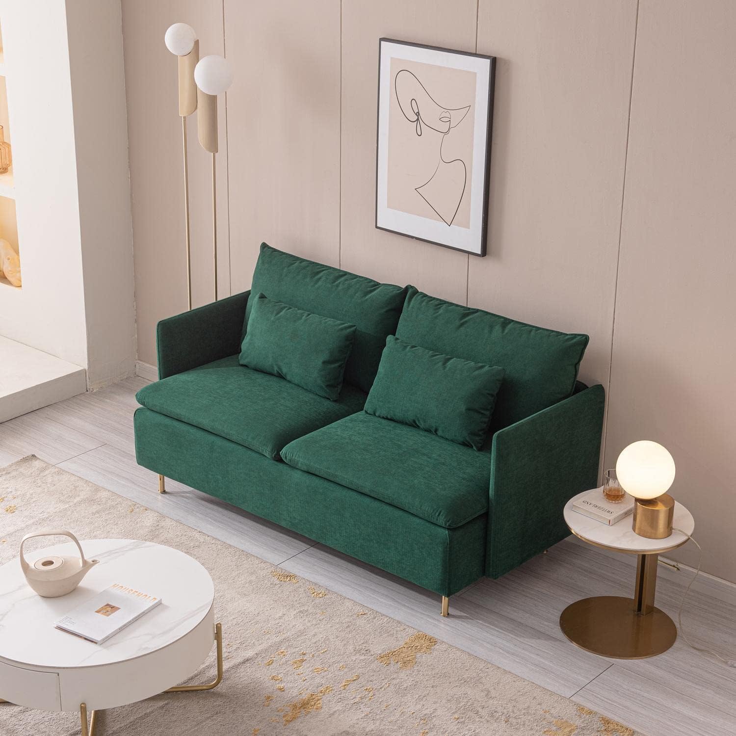 Seegool Mid-Century – Sofá biplaza de 2 asientos, muebles de tela de lino de algodón y patas de metal dorado, sofá pequeño para sala de estar,