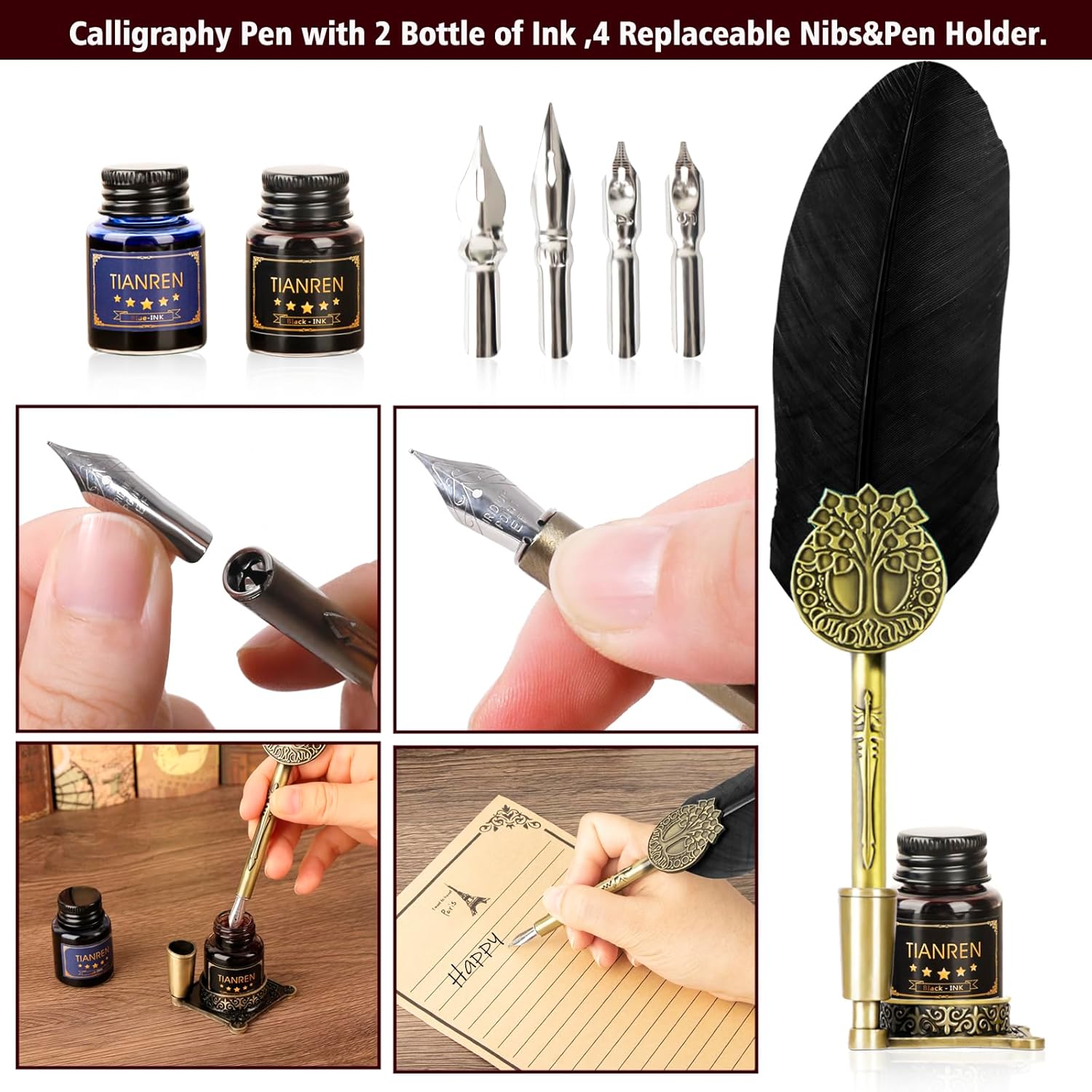 Juego de tinta de pluma, bolígrafo de plumas y tinta, bolígrafo de caligrafía antiguo con 4 puntas reemplazables, 2 botellas de tinta, soporte para