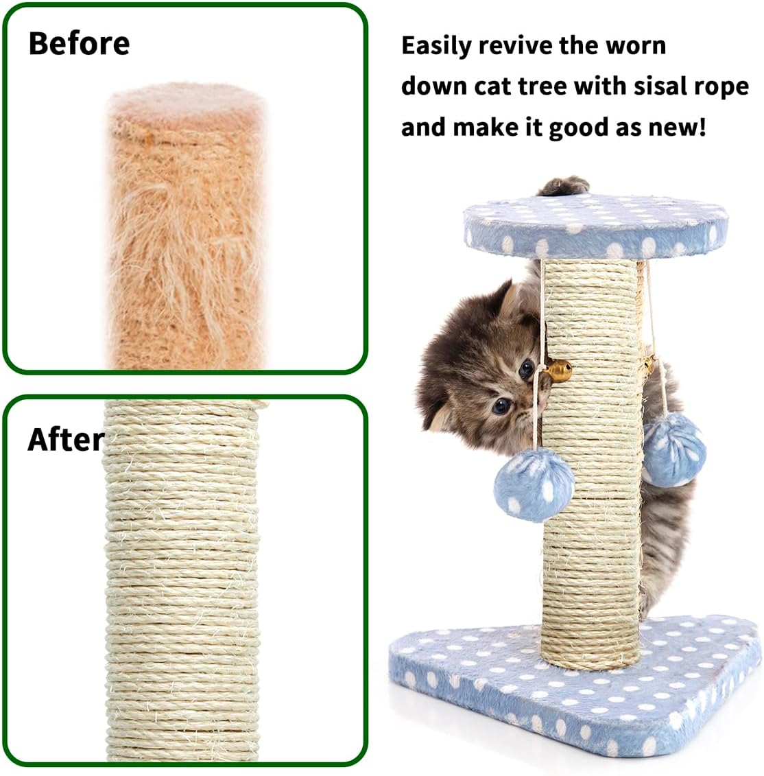 Cuerda de sisal blanca para rascador de gatos, cuerda de 532 pulgadas de diámetro de 164 pies para rascador de gatos, piezas de repuesto de torre de