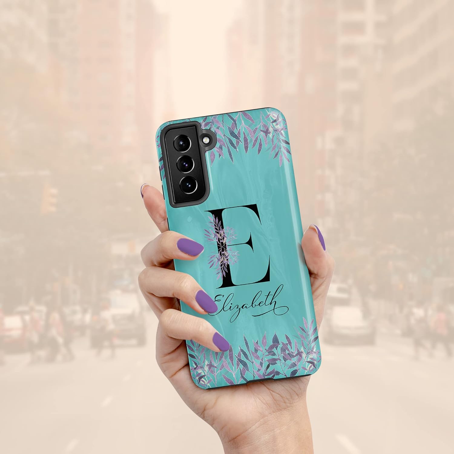 Funda con inicial de monograma verde azulado, diseño floral con nombre, diseñada para Samsung Galaxy S24 Plus, S23 Ultra, S22, S21, S20, S10, S10e,