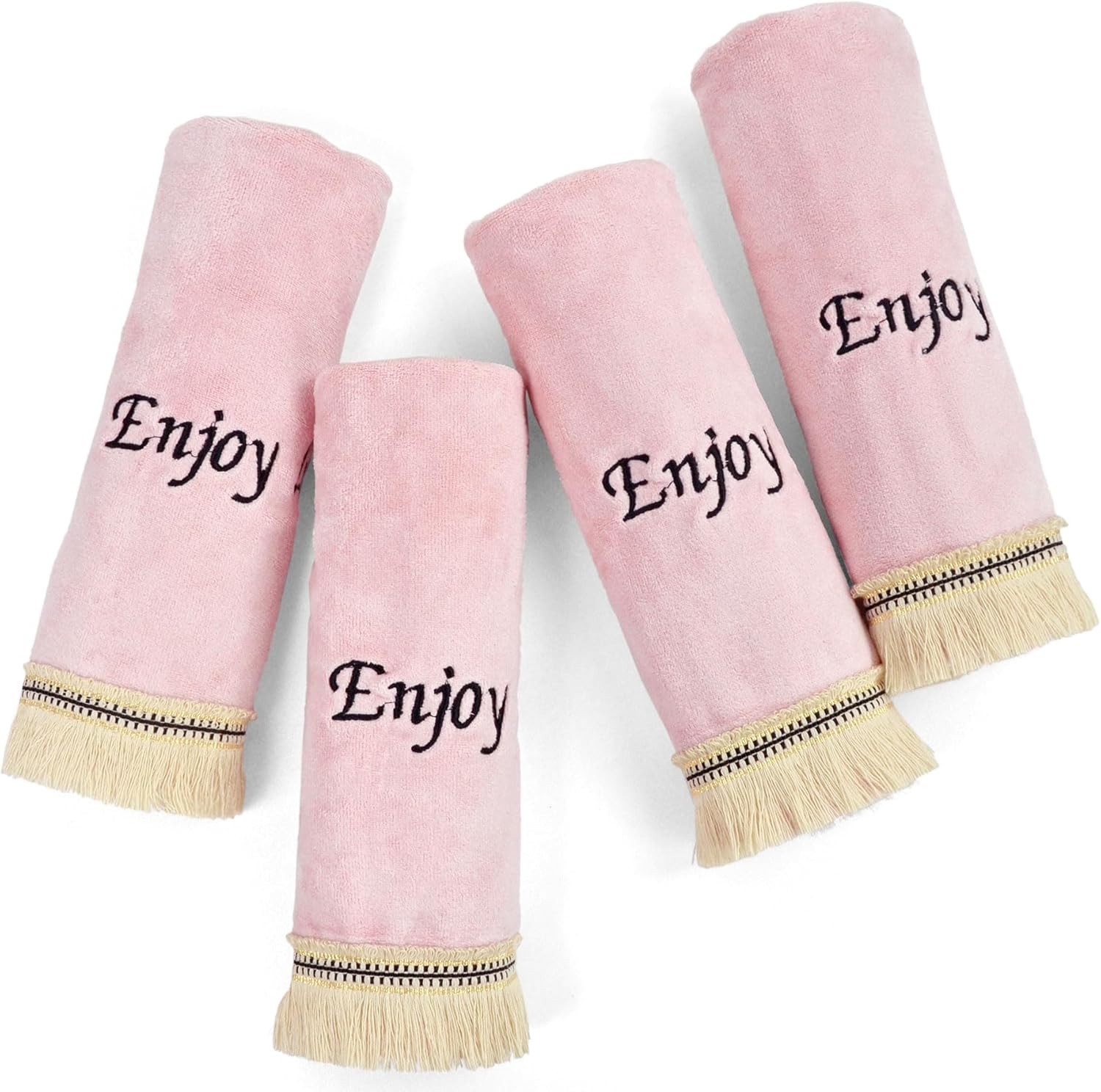 Cleanbear Juego de 4 toallas de mano rosas con borlas decorativas para baño, toallas de baño de microfibra de alta calidad, extremadamente suaves y