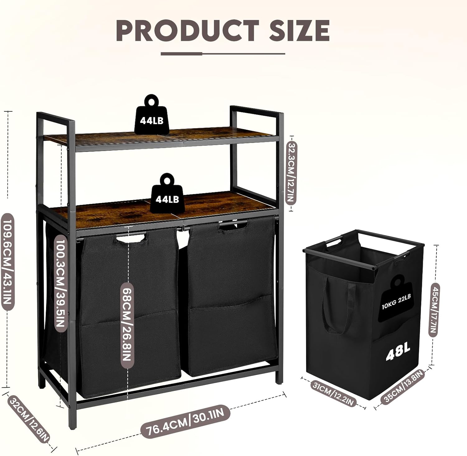 Cesta de lavandería de 2 x 12.7 galones (96 L) con escritorio, clasificador de ropa sucia de 2 secciones con bolsas de lavandería extraíbles,