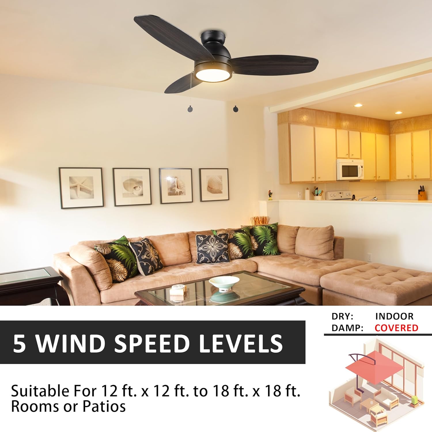 Ventiladores de techo negros de 48 pulgadas con luces, ventilador de techo CC reversible de 5 velocidades con cadena de tracción, 3 colores de luz