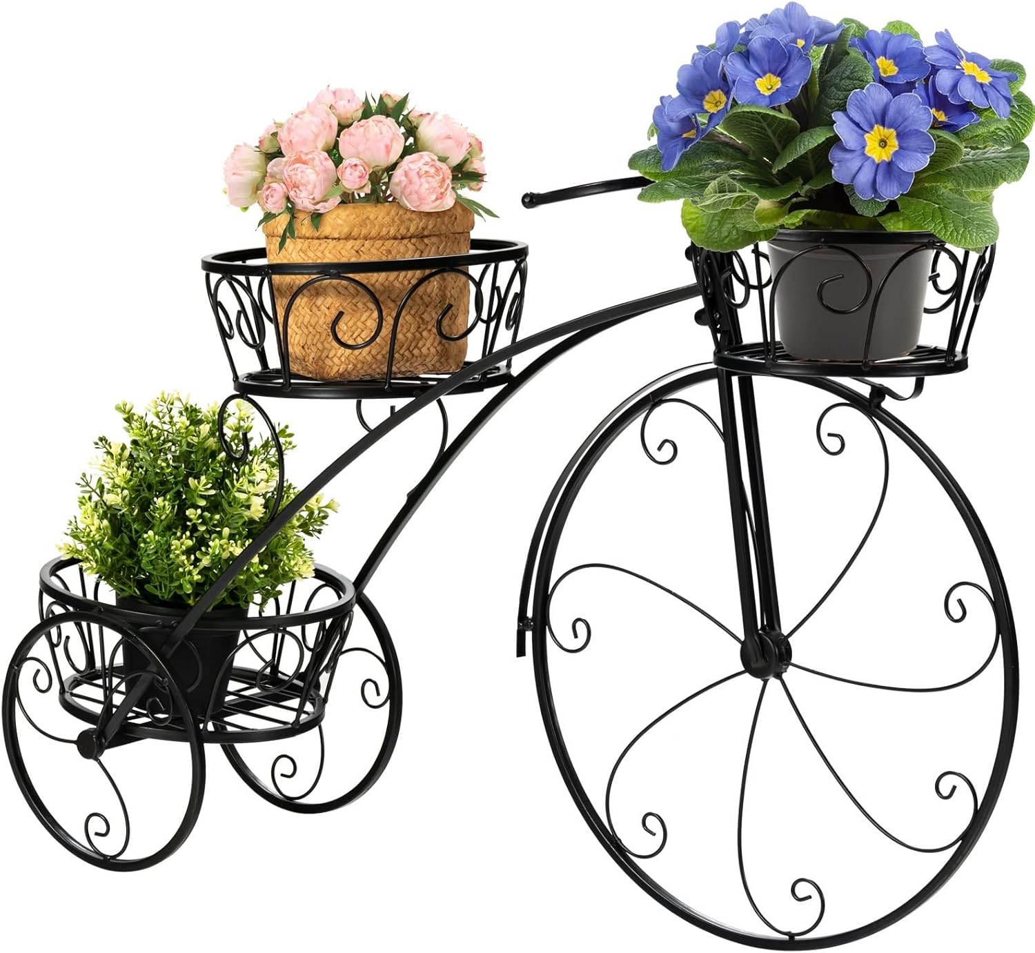 Giantex Maceta de metal para bicicleta, soporte de 3 niveles para plantas de flores con 3 ruedas decorativas, soporte de exhibición de flores de