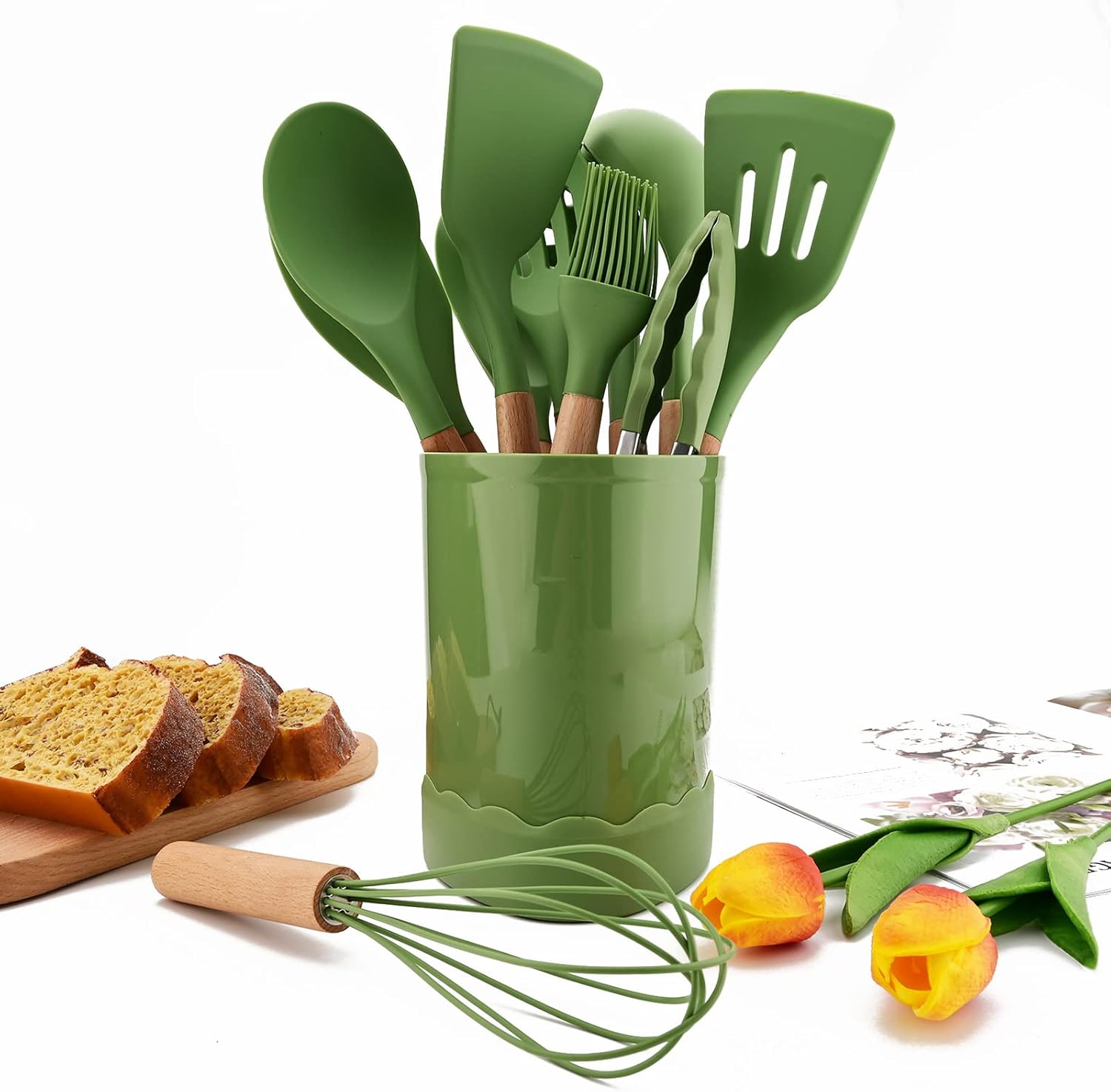1 utensilio de cocina de silicona verde aguacate resistente al calor, mango de madera, espátulas de cocina antiadherentes para pescado, huevos y