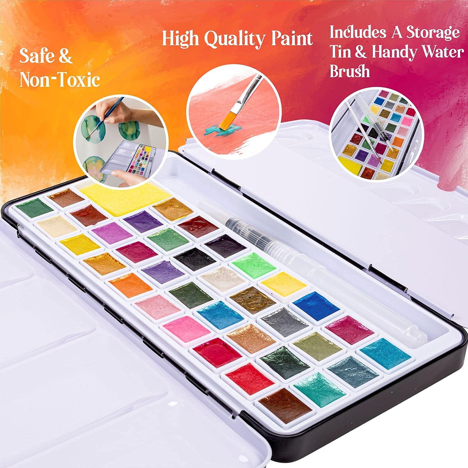 Juego de pinturas metálicas para acuarela, 36 colores de agua con purpurina vibrante de grado artístico con lata de almacenamiento y pincel,